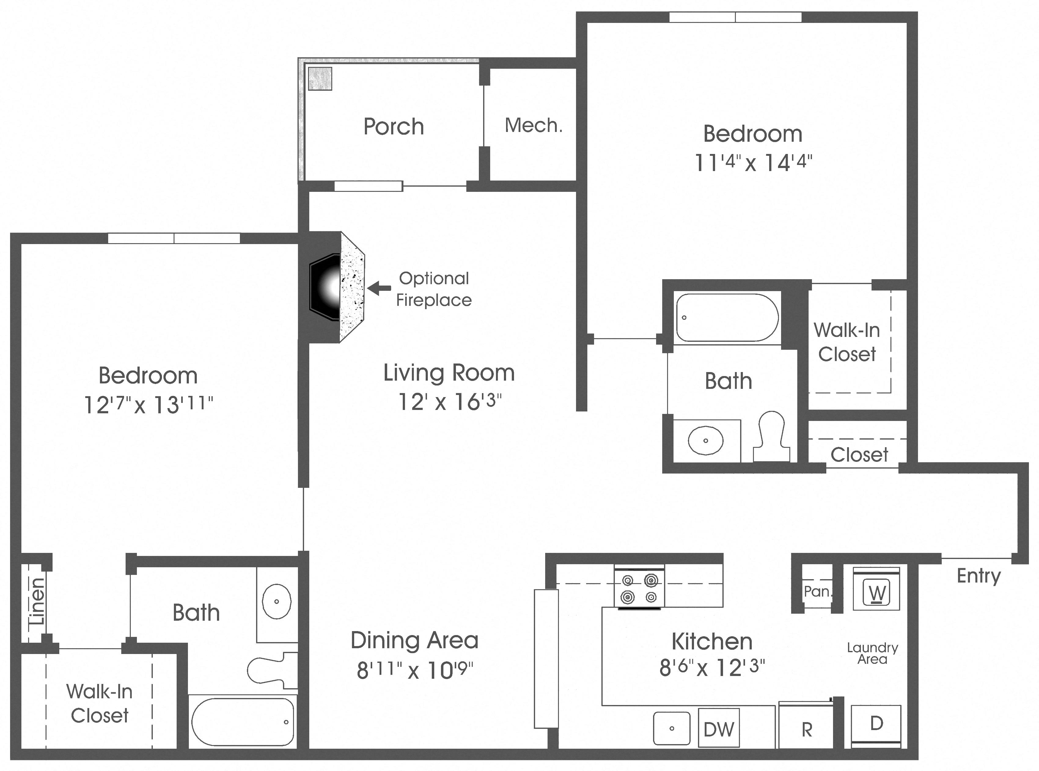 Floor plan for 2 beds, 2 baths, 1090 sqft